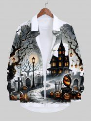 Plus Size Halloween Pumpkin Cross Bat Tree Casstle Cloud Moon Print Buttons Long Sleeve Shirt For Men -  
