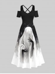 Maxi Robe D'Halloween Croisée Peinture D'Huile en Blocs de Couleurs à Epaule Dénudée Grande Taille - Noir 6X