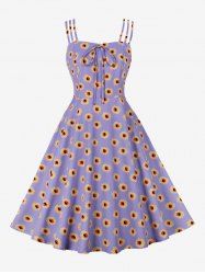 Plus Size Daisy Flower Print Tie Panel Ruched Back Cami Vintage Dress -  