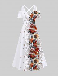 Plus Size Colorful Ethnic Floral Leaf Print Hawaii Crisscross A Line Maxi Dress -  