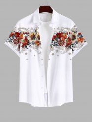 Plus Size Colorful Ethnic Floral Leaf Print Hawaii Button Pocket Shirt For Men -  