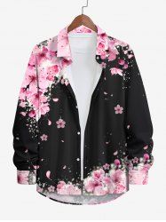 Plus Size Peach Blossom Flower Print Hawaii Button Shirt For Men -  