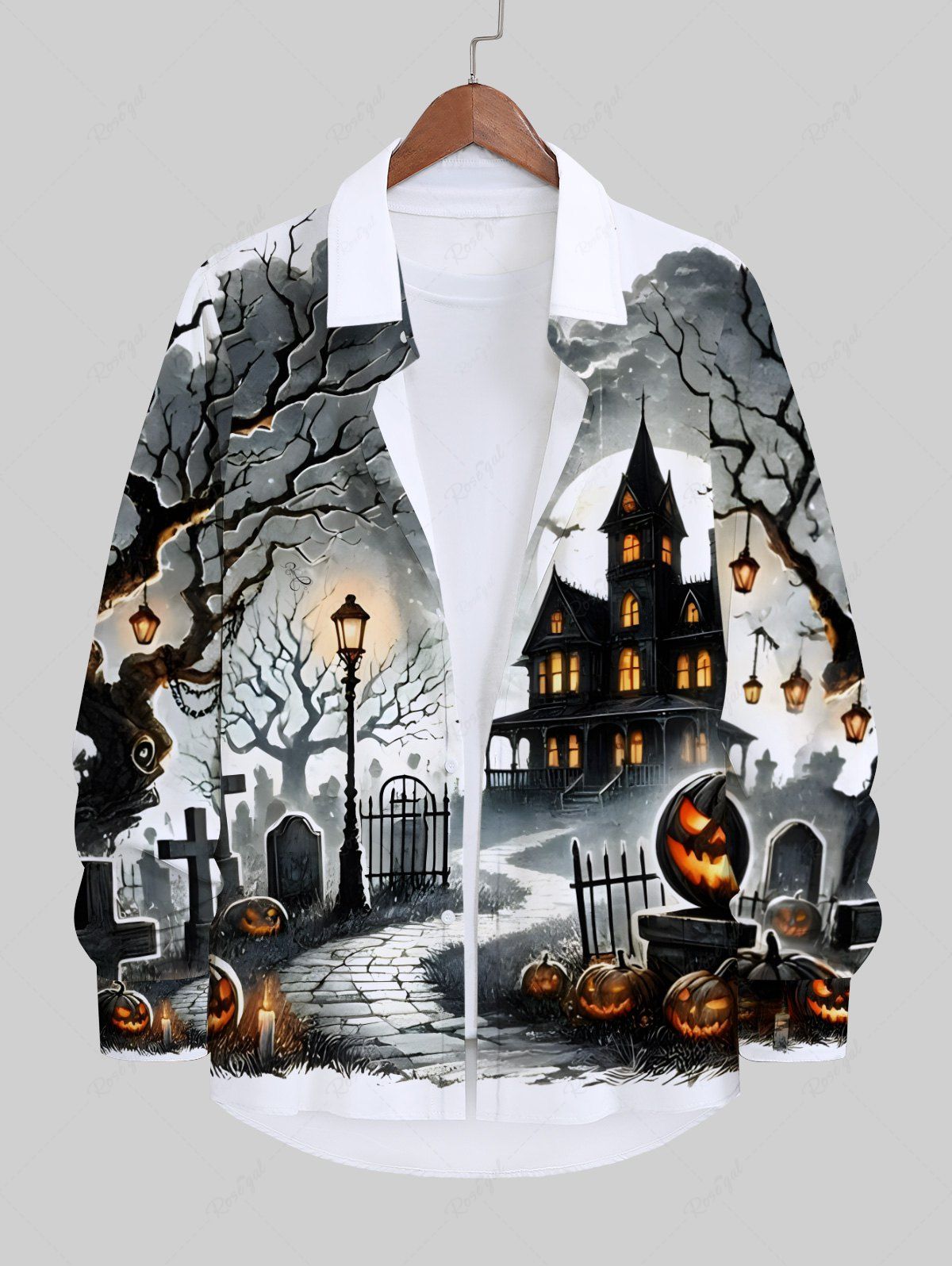 Affordable Plus Size Halloween Pumpkin Cross Bat Tree Casstle Cloud Moon Print Buttons Long Sleeve Shirt For Men  