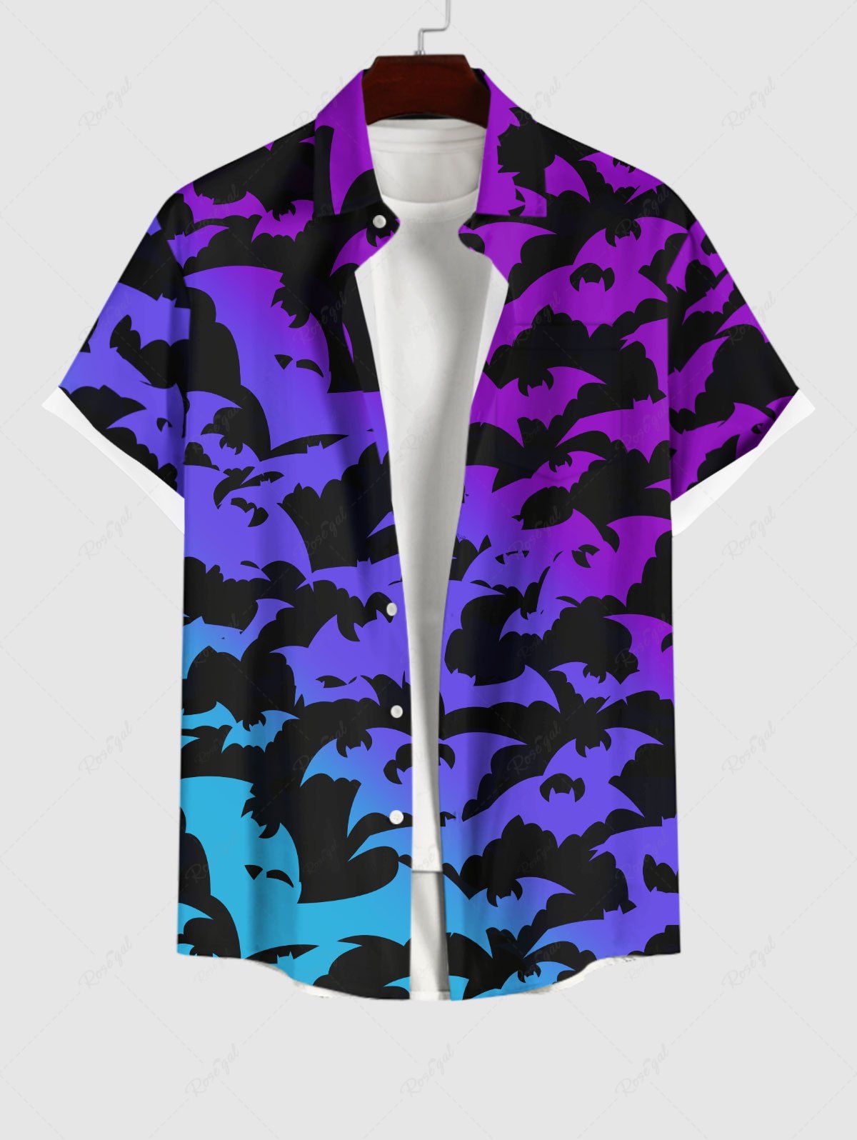 New Plus Size Halloween Costume Bat Ombre Colorblock Print Buttons Pocket Shirt For Men  