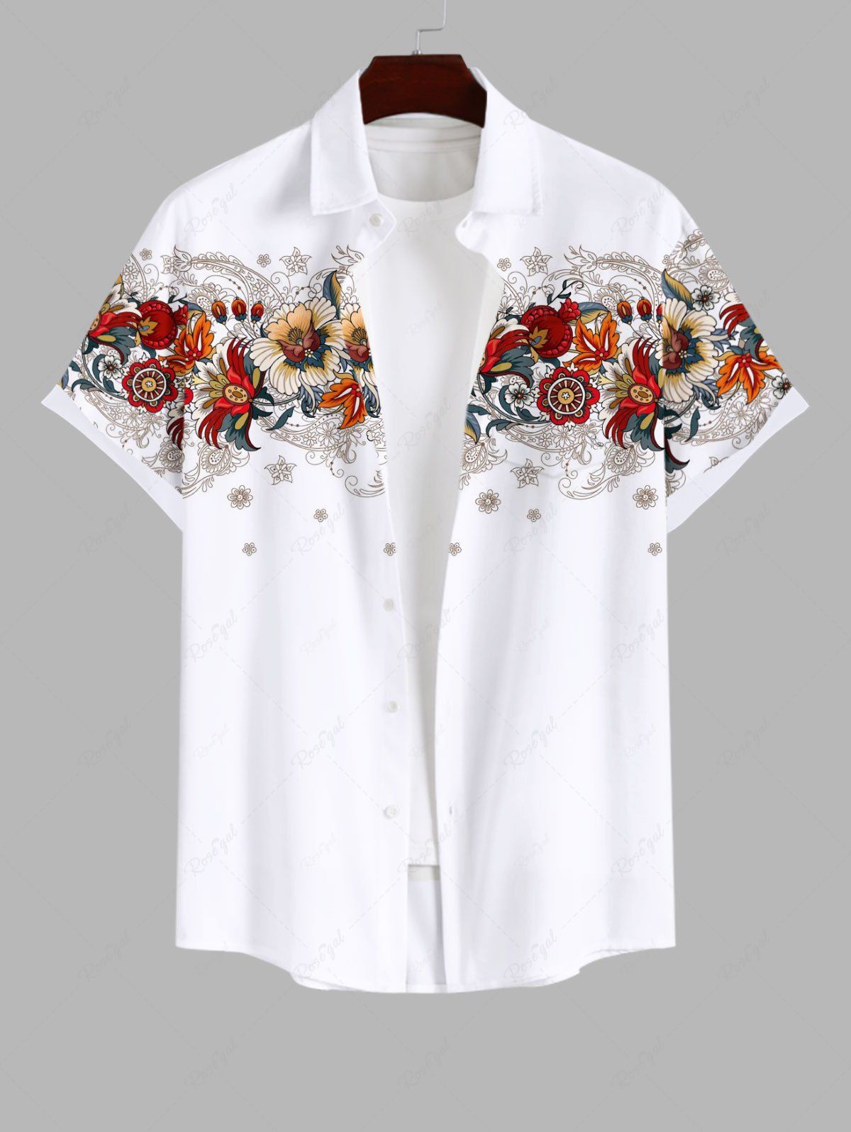 Online Plus Size Colorful Ethnic Floral Leaf Print Hawaii Button Pocket Shirt For Men  