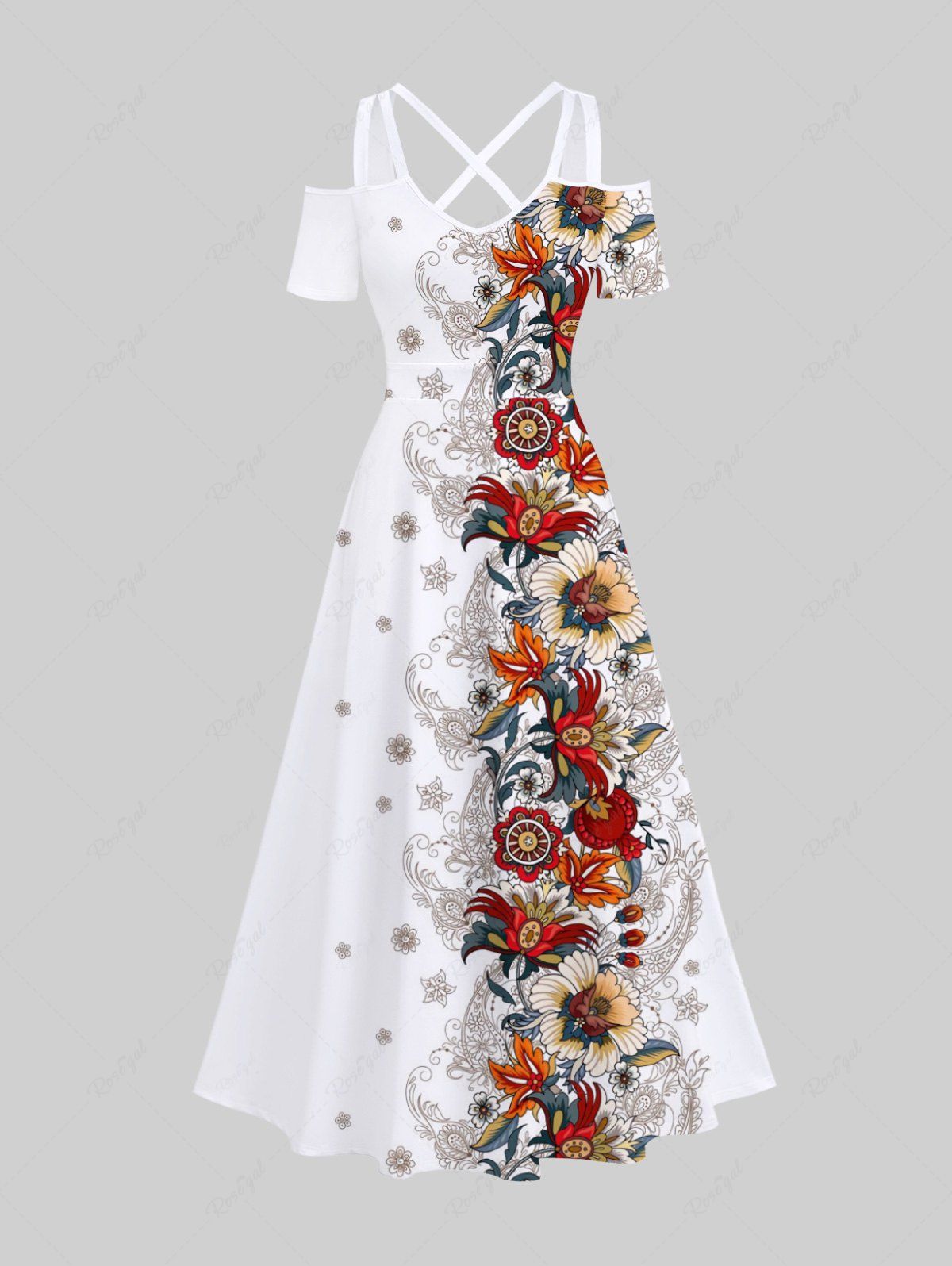 Chic Plus Size Colorful Ethnic Floral Leaf Print Hawaii Crisscross A Line Maxi Dress  