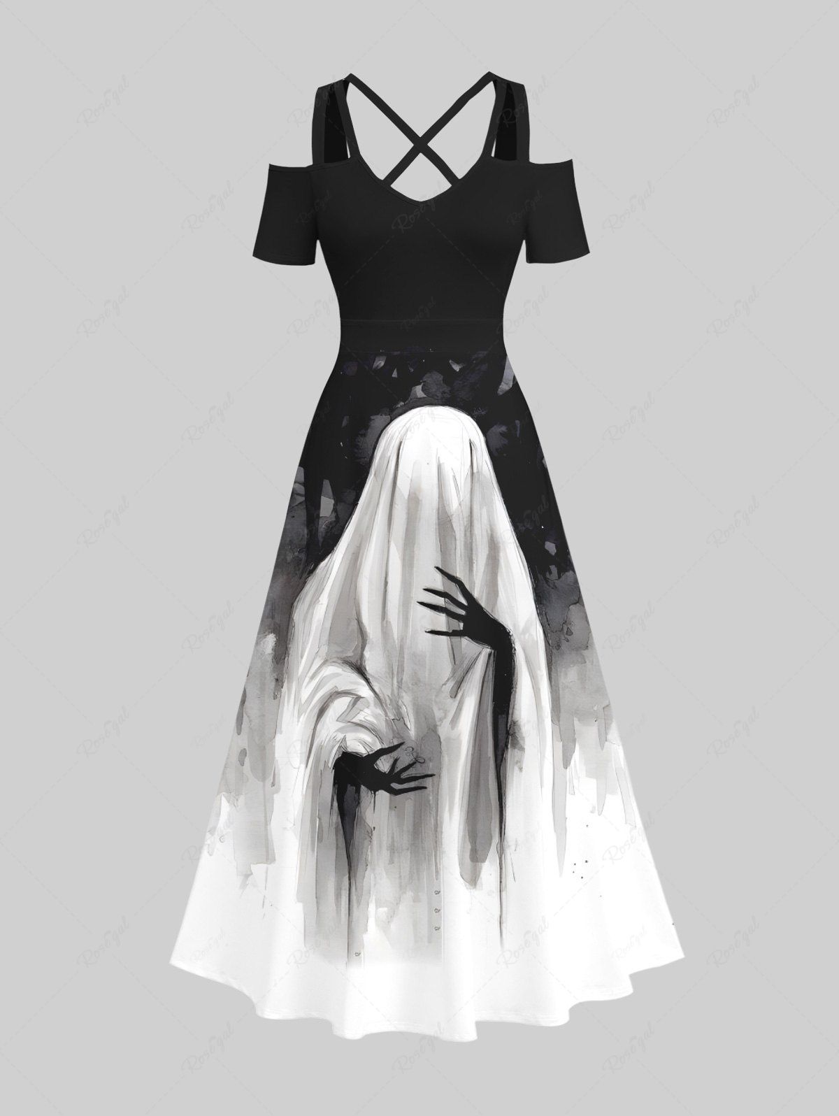 Maxi Robe D'Halloween Croisée Peinture D'Huile en Blocs de Couleurs à Epaule Dénudée Grande Taille Noir 6X