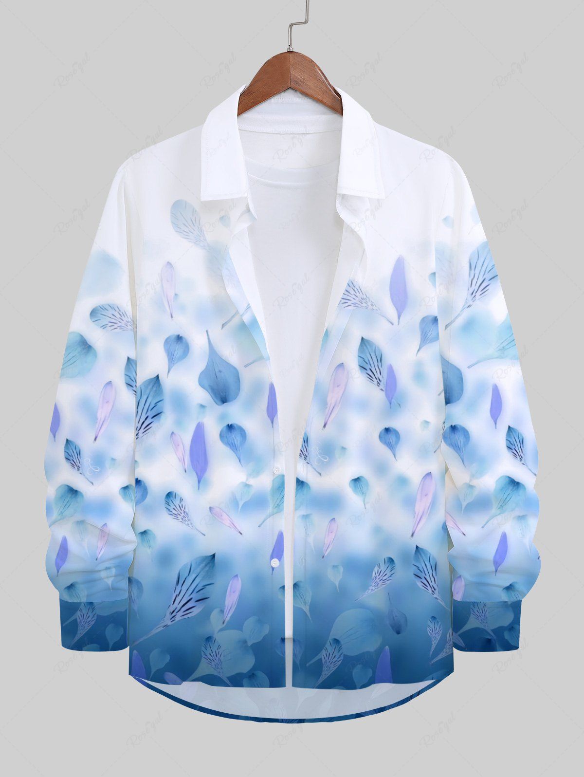 Chemise Ombre Feuille et Plume Imprimées en Blocs de Couleurs de Grande Taille avec Boutons Blanc M