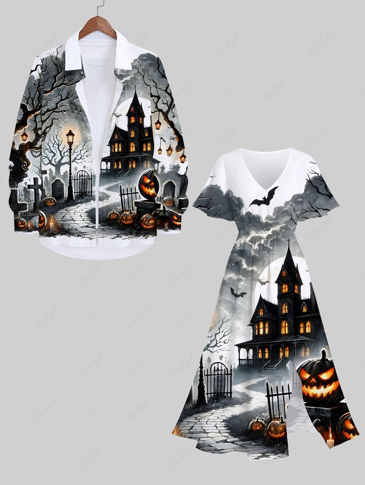 Chic Halloween Costume Pumpkin Cross Bat Tree Casstle Cloud Moon Print Plus Size Matching Outfit For Couples  