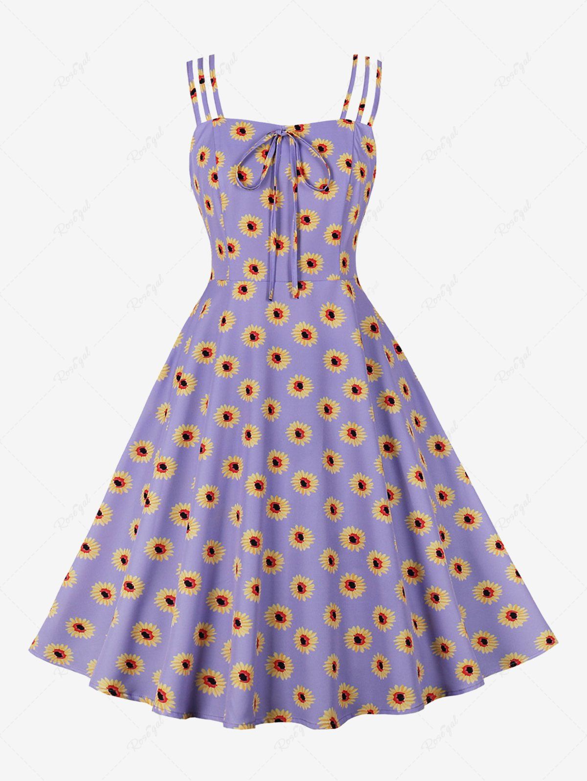 Cheap Plus Size Daisy Flower Print Tie Panel Ruched Back Cami Vintage Dress  