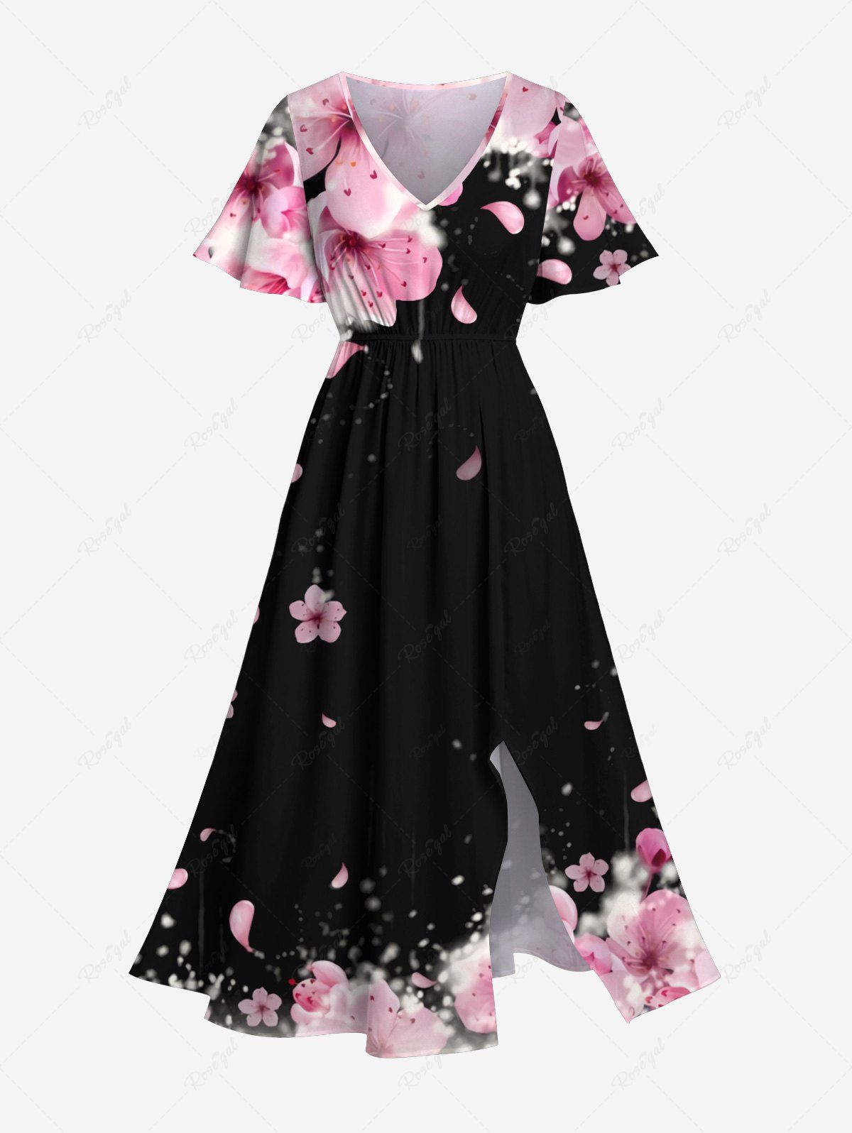 Store Plus Size Peach Blossom Flower Print Hawaii Split Pocket A Line Midi Dress  