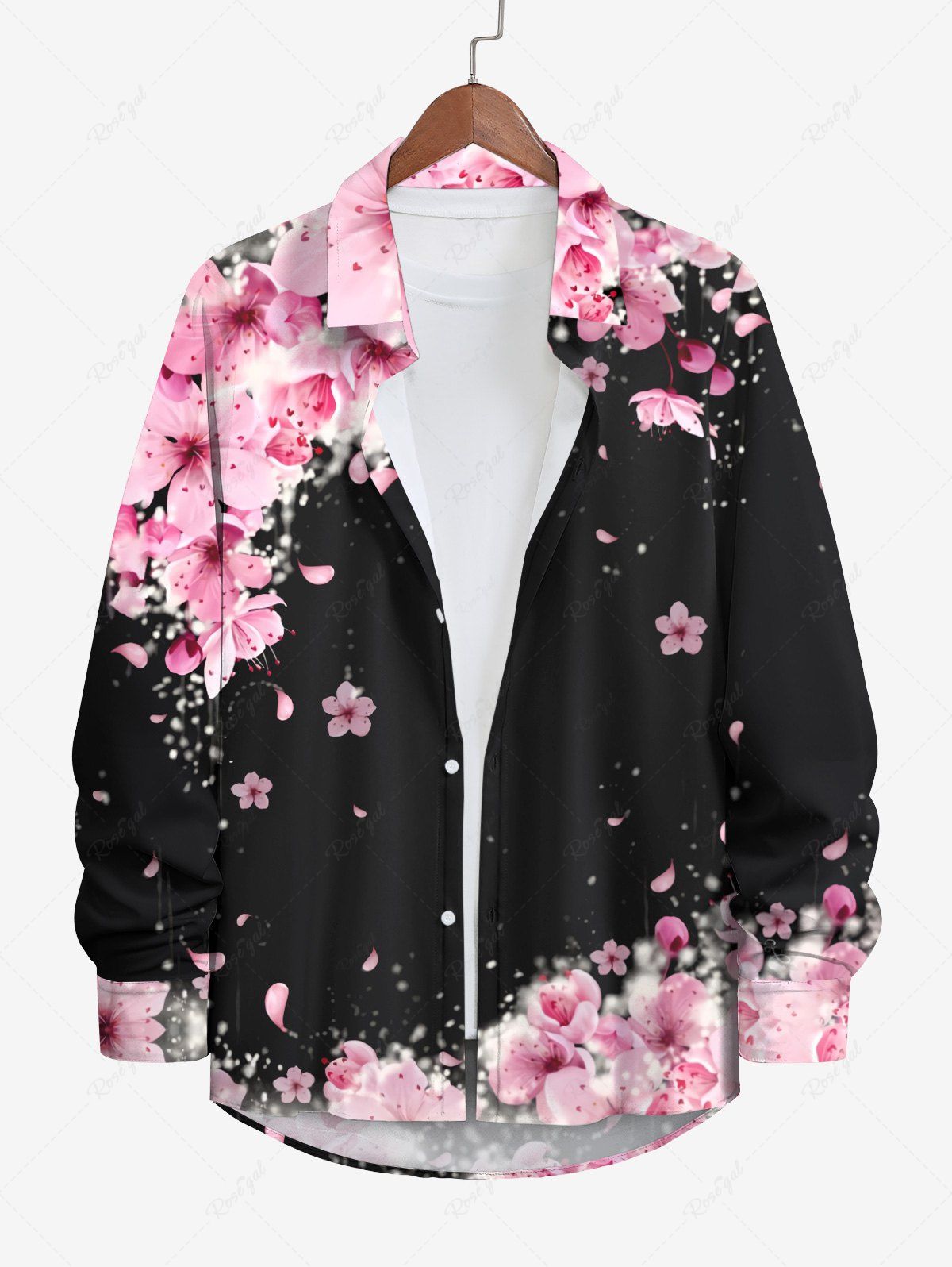 Store Plus Size Peach Blossom Flower Print Hawaii Button Shirt For Men  