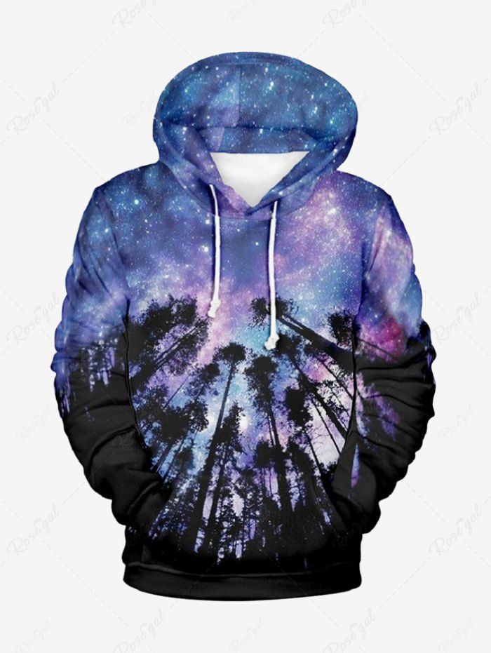 Sweat-Shirt Pullover à Capuche avec Poche Kangourou et Cordon de Serrage à Imprimé Arbres et Galaxie Grande-Taille pour Hommes Multi-A 8XL