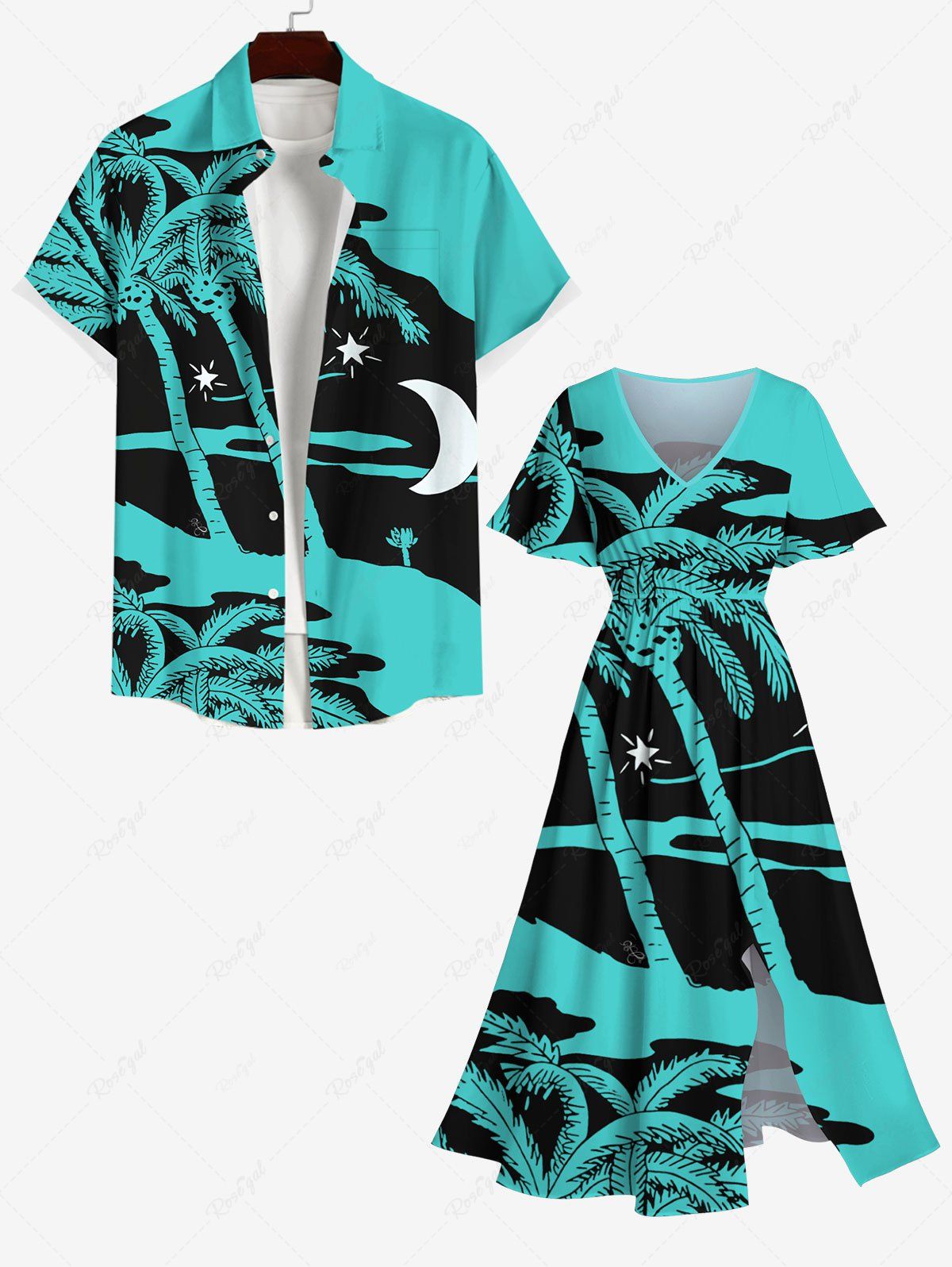 Outfits Coconut Tree Sea Colorblock Star Moon Print Plus Size Matching Hawaii Beach Outfit For Couples  