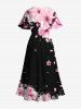 Plus Size Peach Blossom Flower Print Hawaii Split Pocket A Line Midi Dress -  