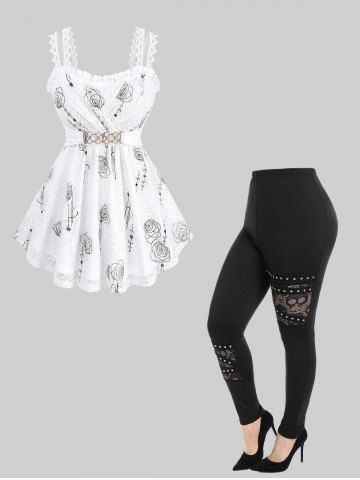 Rose Flower Print Lace Trim Ruffles Surplice Tank Top and Skull Studded Pants Plus Size Outfit - WHITE