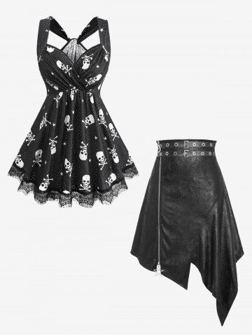 Skulls Star Print Ruched Eyelash Lace Trim Tank Top and Grommets Buckle PU Leather Asymmetrical Skirt Plus Size Outfit - BLACK