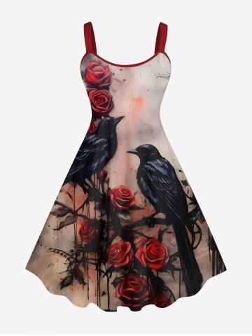 Plus Size Halloween Costume Rose Flower Crow Paint Drop Print Tank Dress - MULTI-A - 1X