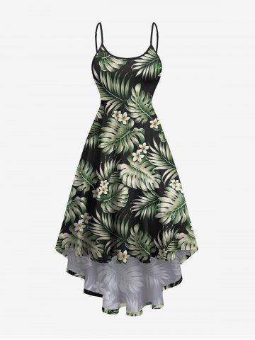 Plus Size Tropical Leaf Flower Print High Low Hawaii Cami Dress - GREEN - XS