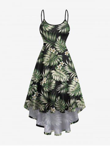 Plus Size Tropical Leaf Flower Print High Low Hawaii Cami Dress - GREEN - 1X