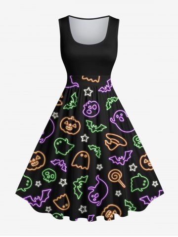 Plus Size Halloween Costume Colorful Ghost Pumpkin Bat Star Print 1950s Vintage Dress - BLACK - 5X