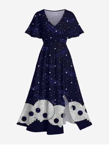 Plus Size Halloween Costume Galaxy Star Glitter Skulls 3D Print Split Midi Dress - MIDNIGHT BLUE - 6X