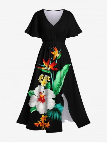 Plus Size Tropical Leaf Flowers Print Split Hawaii Midi Dress - BLACK - 1X