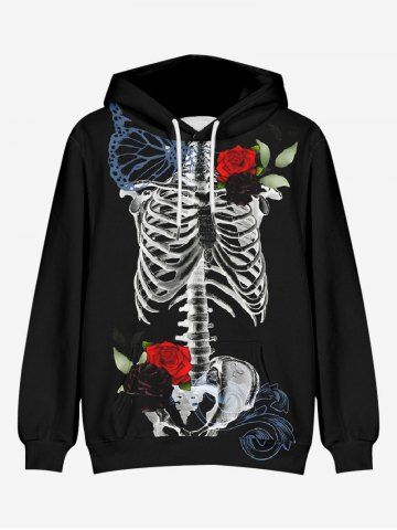 Plus Size Skeleton Rose Flower Leaf Butterfly Print Halloween Kangaroo Pocket Drawstring Pullover Hoodie For Men - BLACK - 6XL