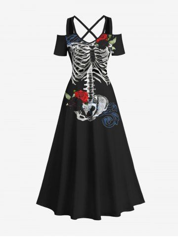 Plus Size Skeleton Rose Flower Leaf Butterfly Print Halloween Costume Crisscross A Line Maxi Dress - BLACK - 6X