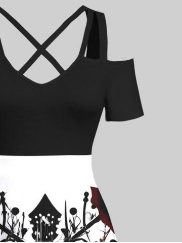 Plus Size Skulls Flower Leaf Heart Guitar Ink Painting Print Halloween Costume Crisscross A Line Maxi Dress