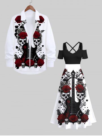 Plus Size Skulls Flower Leaf Heart Guitar Ink Painting Print Halloween Costume Crisscross A Line Maxi Dress