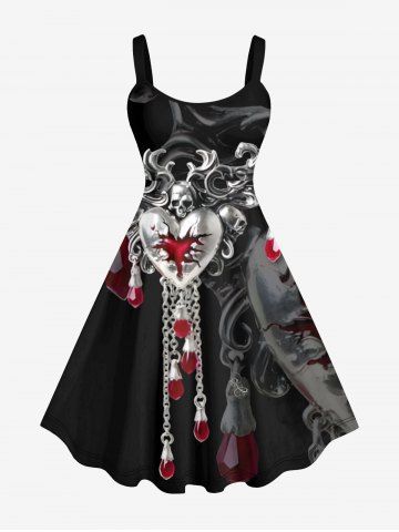 Plus Size Metallic Skull Cracked Heart Chain Tassel Print Halloween Costume A Line Tank Dress - BLACK - M
