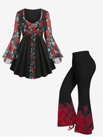 Rose Flower Leaf Print Mesh Lace Up Full Zipper Ruffles Patchwork Top and Flare Pants Plus Size Outfit - BLACK