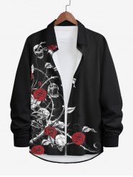 Plus Size Rose Flower Leaf Skulls Vine Print Halloween Button Shirt For Men -  