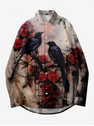 Plus Size Halloween Rose Flower Crow Paint Drop Print Buttons Long Sleeve Shirt For Men -  