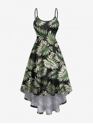 Plus Size Tropical Leaf Flower Print High Low Hawaii Cami Dress -  
