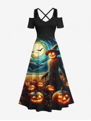 Maxi Robe D'Halloween Citrouille et Chauve-souris Colorés Imprimés à Epaule Dénudée de Grande Taille - Multi-A 5X