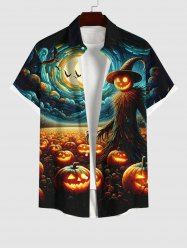 Plus Size Halloween Pumpkin Scarecrow Bat Moon Colorful Print Buttons Pocket Shirt For Men -  