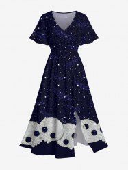 Robe D'Halloween Mi-Longue Fendue 3D Etoile Galaxie et Crâne Imprimées de Grande Taille à Paillettes - Bleu de Minuit 2X