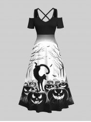 Maxi Robe D'Halloween Citrouille et Chat Imprimés en Blocs de Couleurs à Epaule Dénudée Grande Taille - Multi-A L