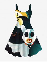 Robe D'Halloween en Blocs de Couleurs Lune et Citrouille Imprimées Grande Taille - Multi-A 1X