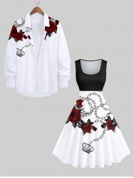 Halloween Costume Rose Flower Leaf Chain Crown Print Plus Size Matching Set For Couples -  