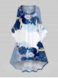 Plus Size Flare Sleeves Watercolor Ombre Flower Print Halloween Costume Ruched High Low Asymmetric Dress -  