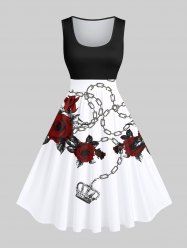 Plus Size Rose Flower Leaf Chain Crown Print Halloween Costume Vintage Swing A Line Dress -  