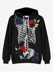Plus Size Skeleton Rose Flower Leaf Butterfly Print Halloween Kangaroo Pocket Drawstring Pullover Hoodie For Men -  