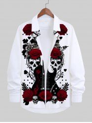 Plus Size Skulls Flower Leaf Heart Guitar Ink Painting Print Halloween Button Shirt For Men -  