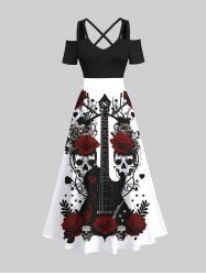 Maxi Robe Costume D'Halloween Croisée Fleur Feuille et Guitare Imprimés de Grande Taille - Noir 2X