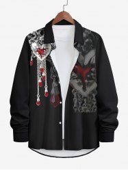 Plus Size Metallic Skull Cracked Heart Chain Tassel Print Halloween Button Shirt For Men -  
