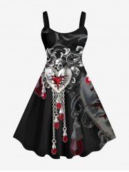 Plus Size Metallic Skull Cracked Heart Chain Tassel Print Halloween Costume A Line Tank Dress -  