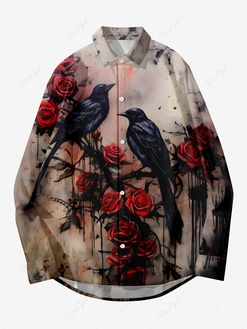 New Plus Size Halloween Rose Flower Crow Paint Drop Print Buttons Long Sleeve Shirt For Men  